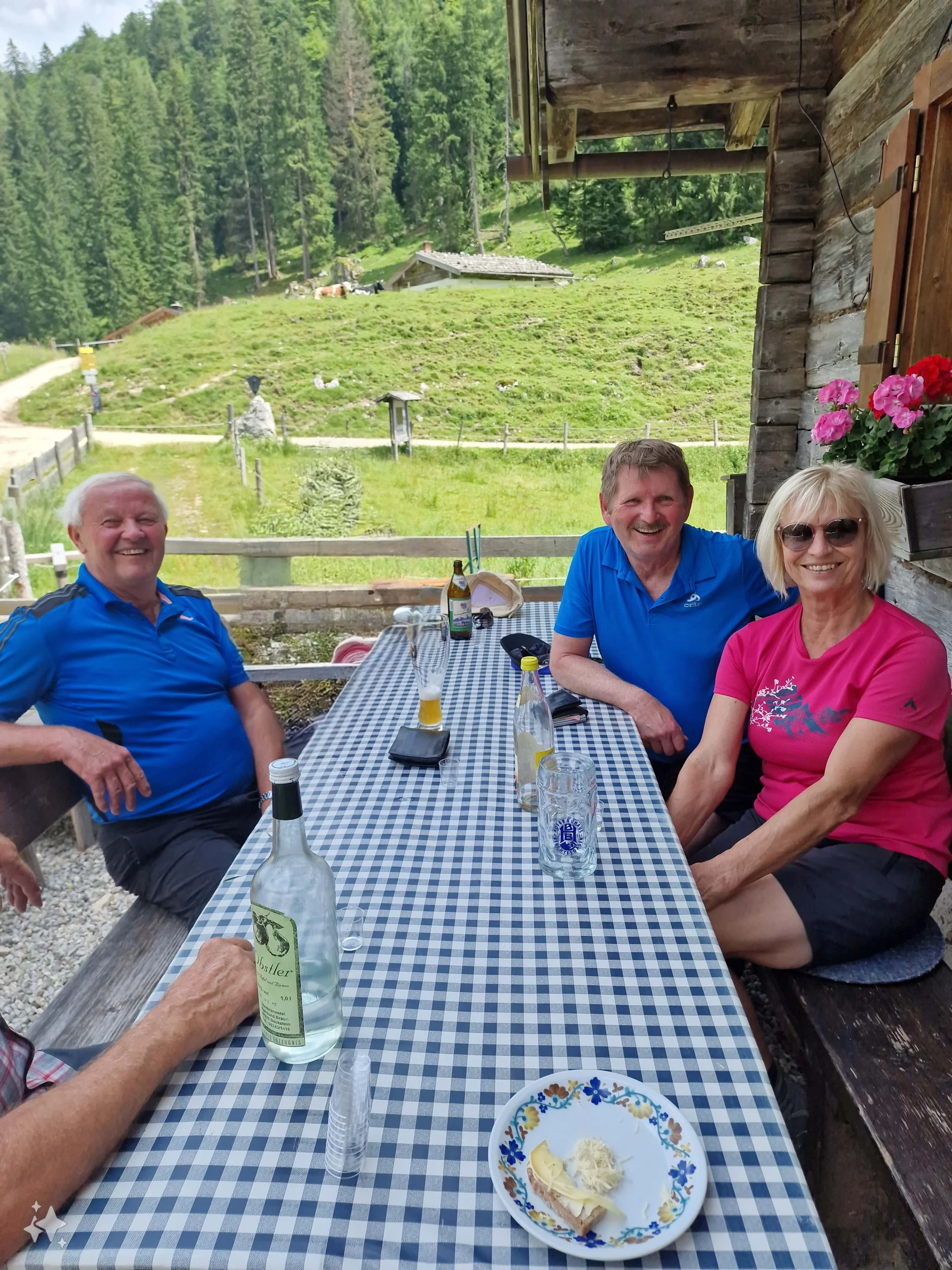 © (DAV Gangkofen) Auf einer der drei Mordaulmen, dem Kederbacherkaser. Obwohl sich das angekündigte Gewitter nicht gezeigt hatte, wurde es trotzdem feucht (halt eher innerlich, als äußerlich). Denn der Almenwirt kredenzte einen leckeren Obstler.