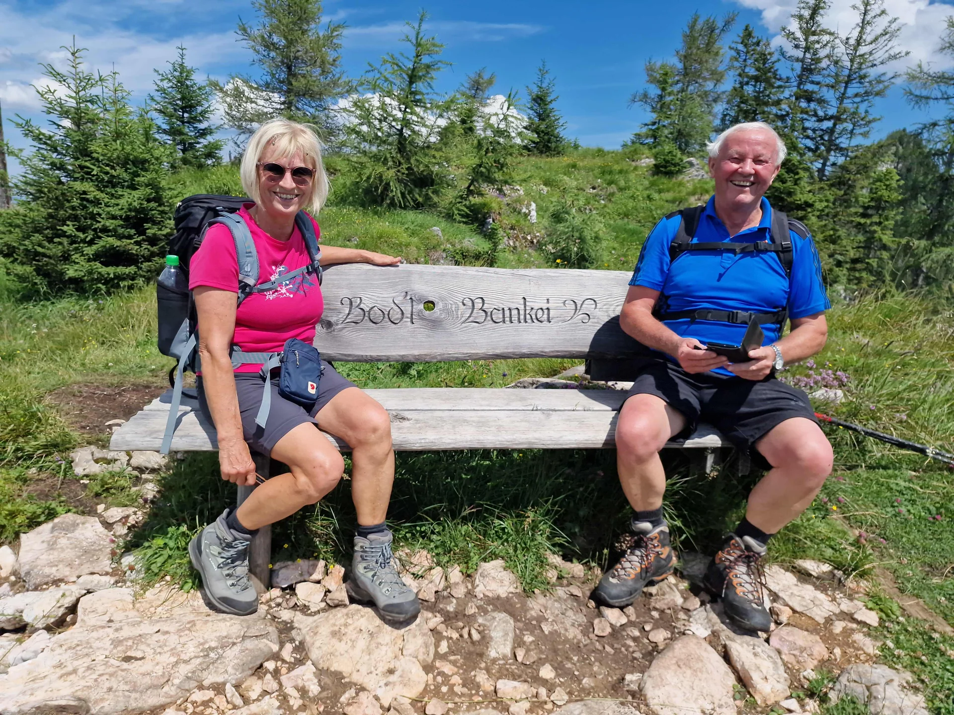 © (DAV Gangkofen) Bank auf dem Jochköpfl. Die Aussicht war uns nur kurz vergönnt, da uns dort eine Herrschar Junikäfer heimsuchte.