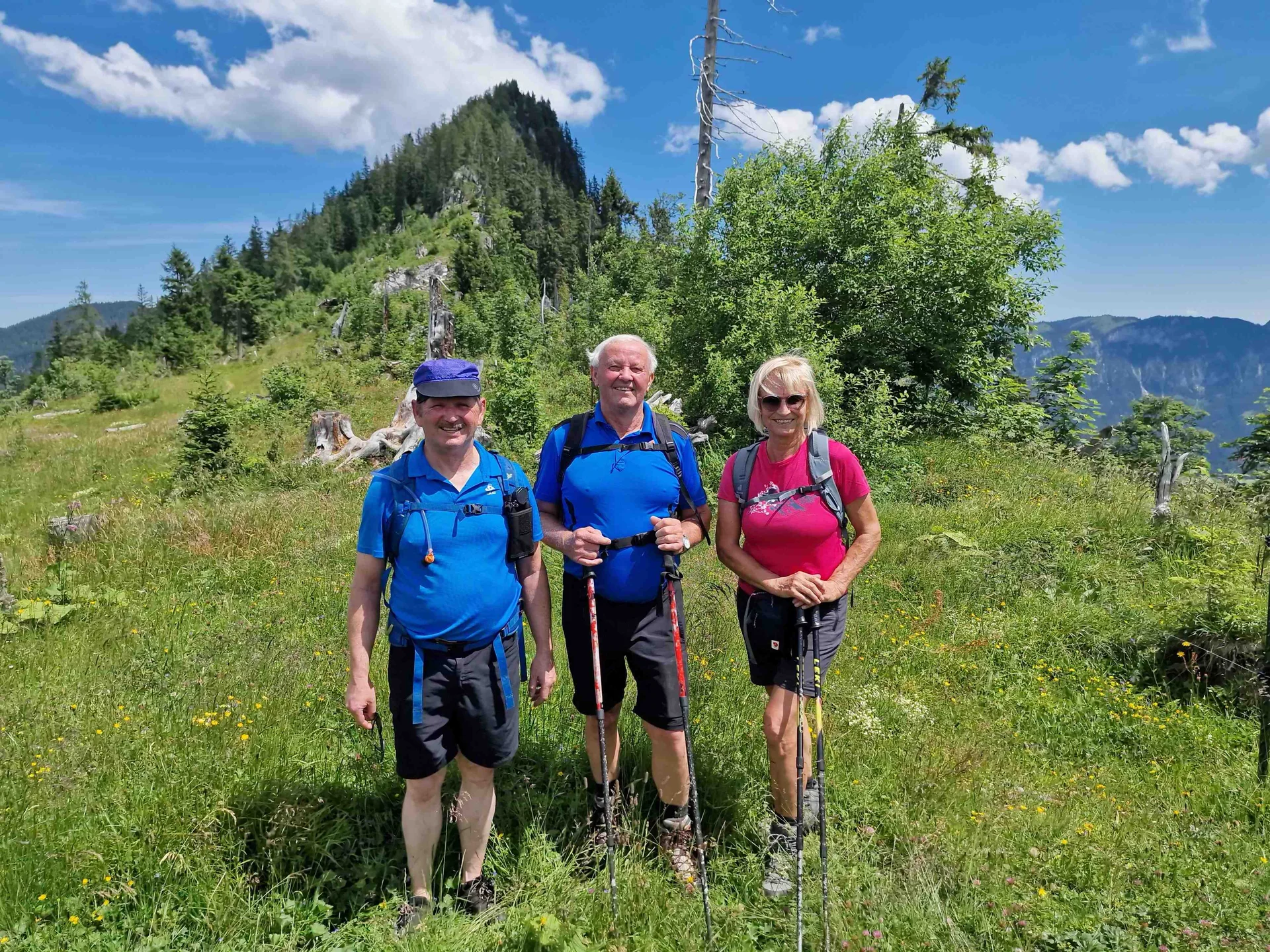 © (DAV Gangkofen) Am Übergang zwischen Jochköpfl und Karkopf; hier führt der Almenerlebnisweg durch. Den Karkopf im Hintergrund haben wir uns für die nächste Tour aufgespart.