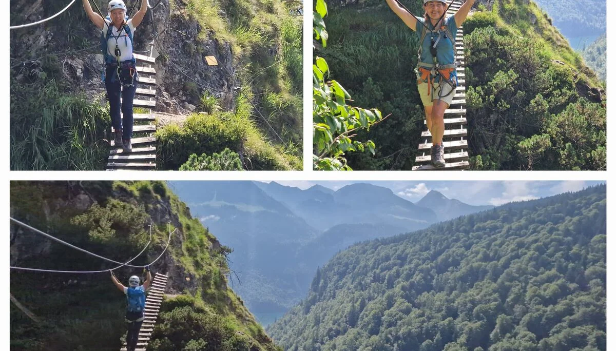 © (DAV Gangkofen) Auf der Hängebrücke, von dort mündet der schwierigere Klettersteig „Servus Steff" (D/E) ein