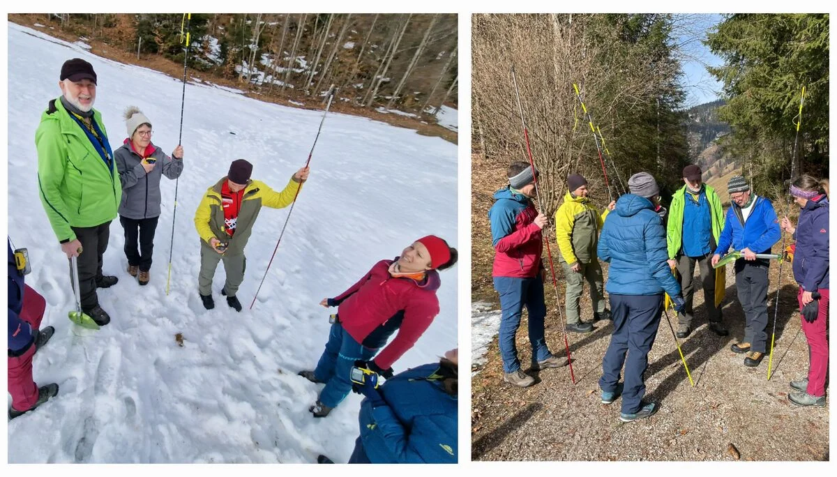 © (Martin Götz, Melanie L) Einweisung in die Handhabung des LVS-Geräts, der Lawinensonde und der Lawinenschaufel 