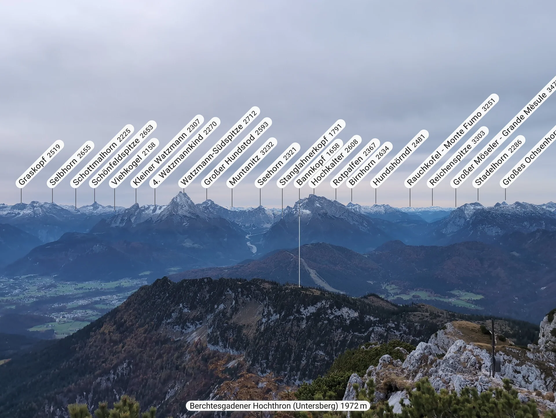 Klettersteig Berchtesgadener Hochthron | © DAV Gangkofen\Martin Götz - Rundblick vom Gipfel mit Peakfinder