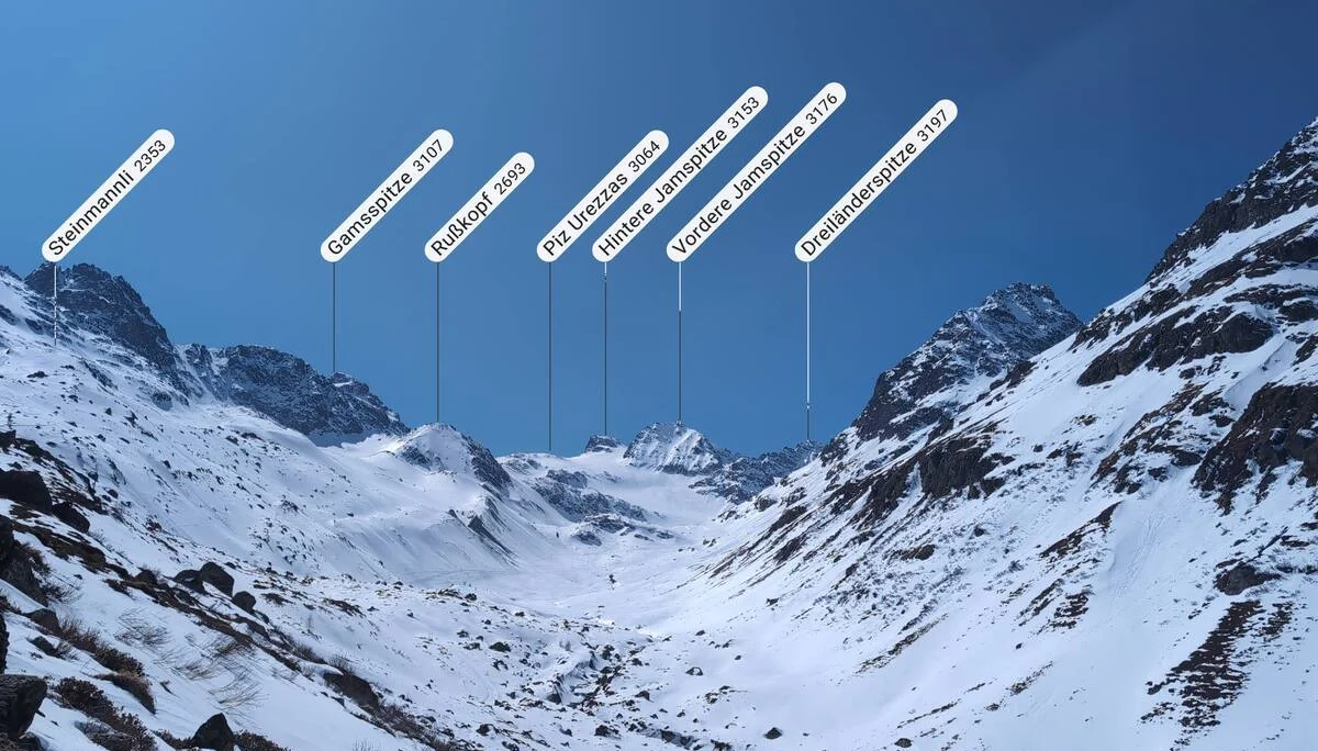 © (Martin Götz) Steinmannli links der bekannten Tourenziele, wie Jamspitze