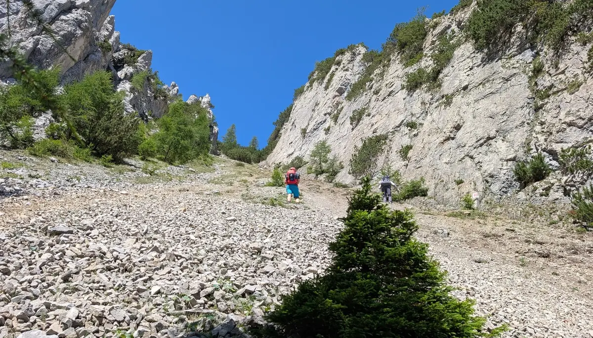 KS Karwendel | © DAV Gangkofen/Martin Götz_KS Karwendel_3.Tag_Gipfelstürmerweg_Steiles Kar im Abstieg